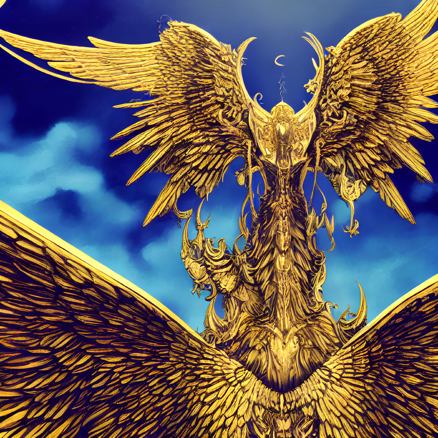 Golden dragon with expansive wings in blue sky - detailed scales and ornate horns