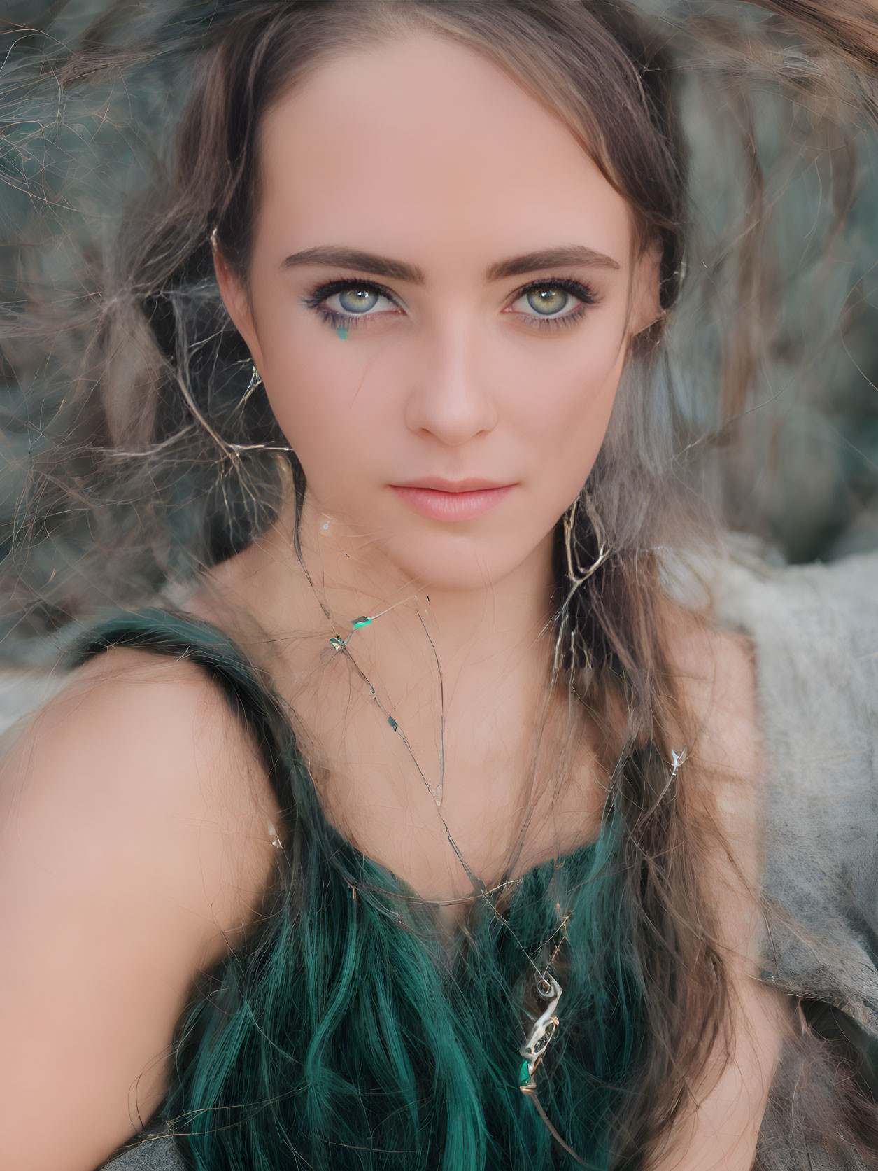 Young woman with blue eyes and turquoise ombré hair in thoughtful pose.