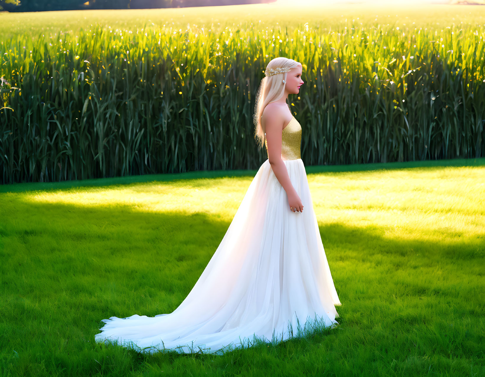 Bride in white gown standing in sunlit green field