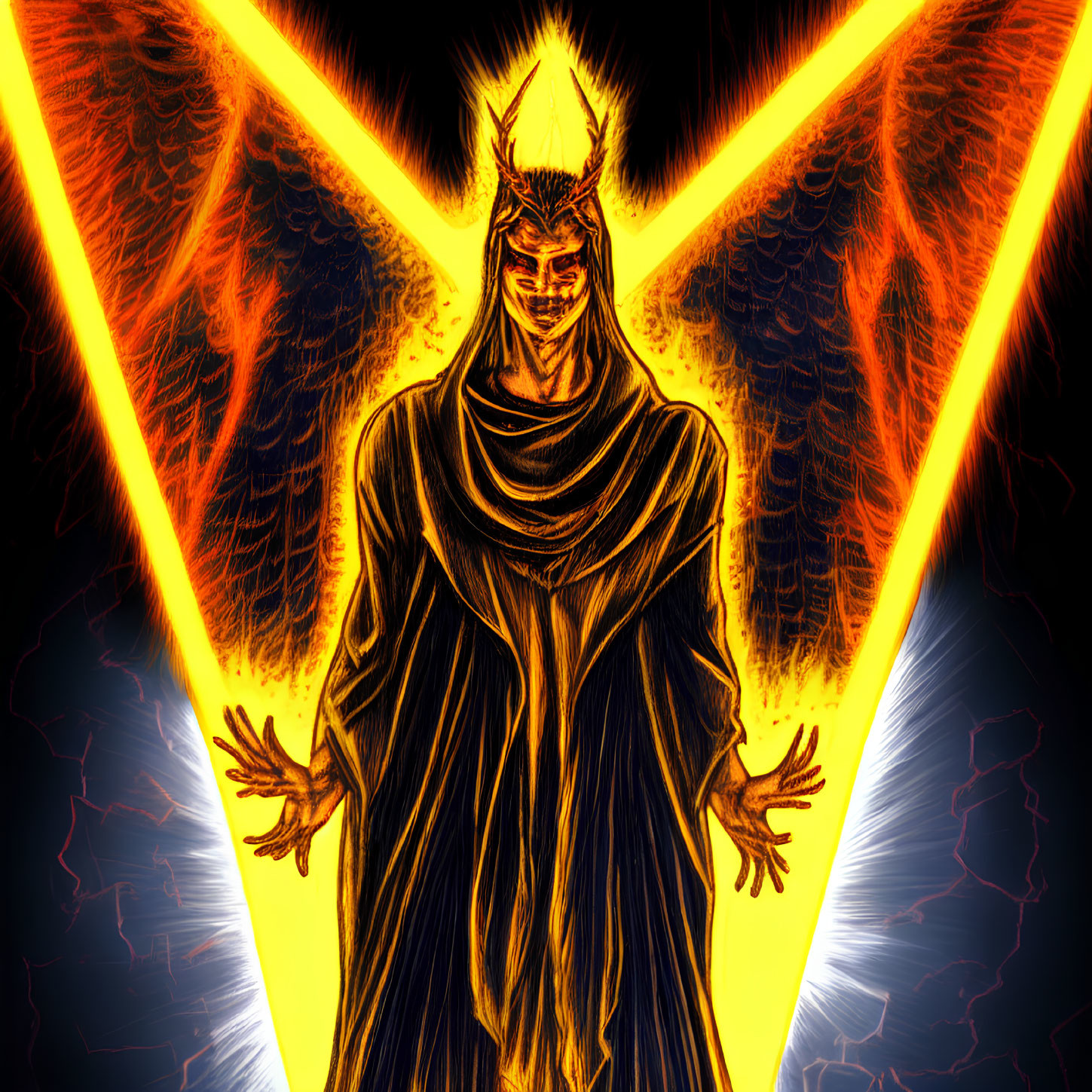 Menacing figure with glowing eyes, crown, fiery aura, and lightning in background