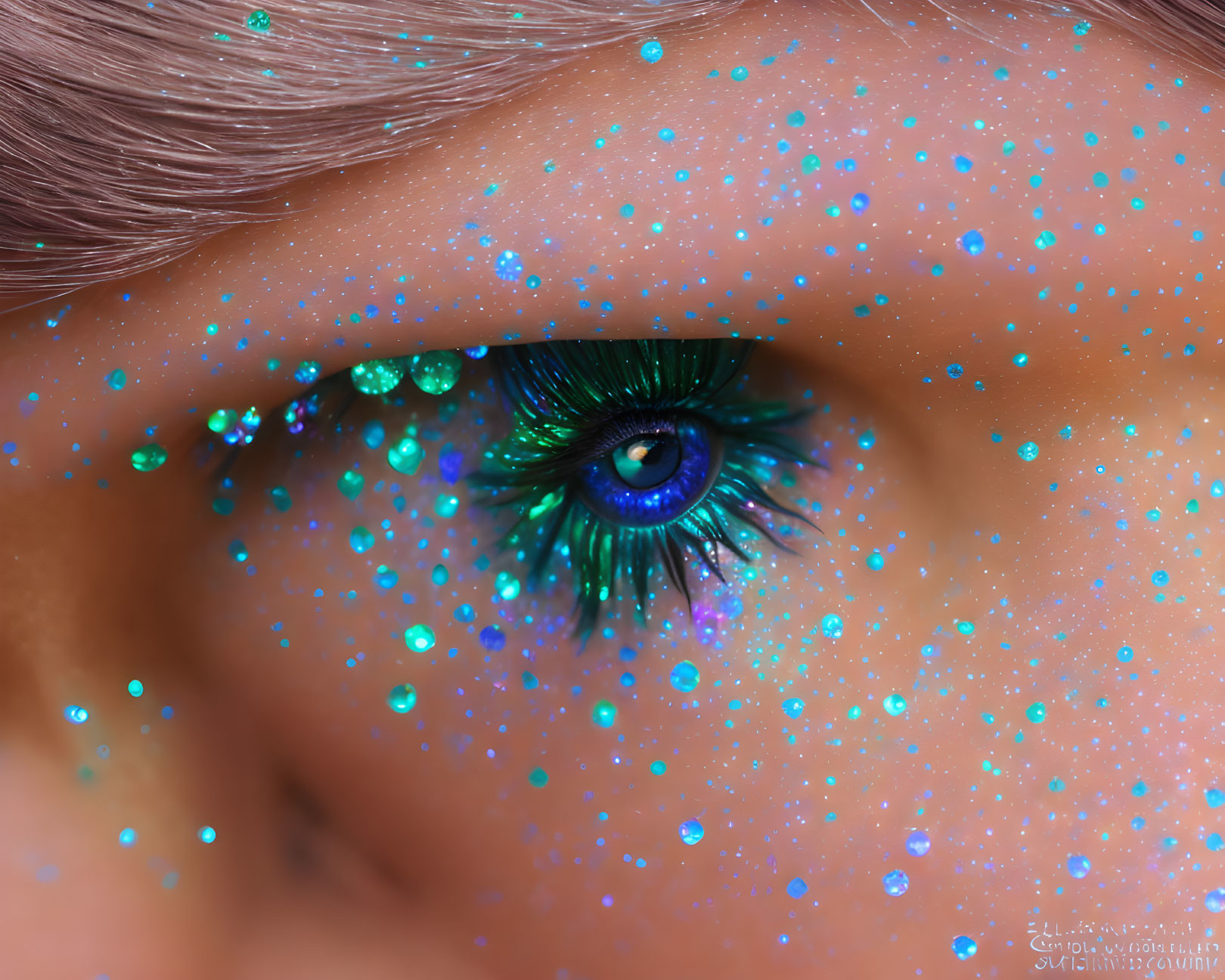 Detailed Close-Up of Vibrant Blue Eye with Teal Glitter