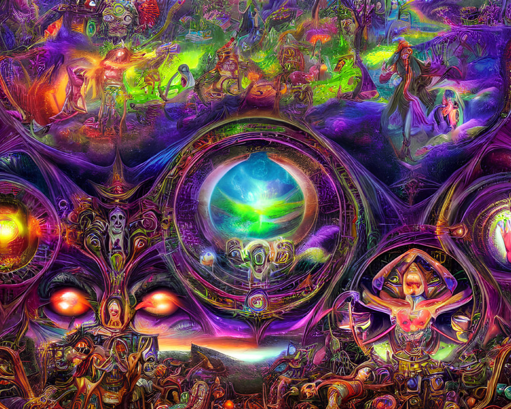 Colorful psychedelic digital artwork with cosmic and mystical elements