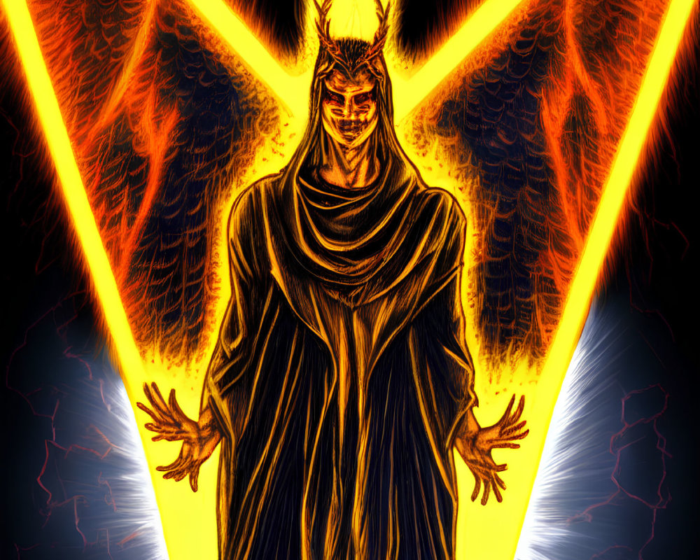 Menacing figure with glowing eyes, crown, fiery aura, and lightning in background