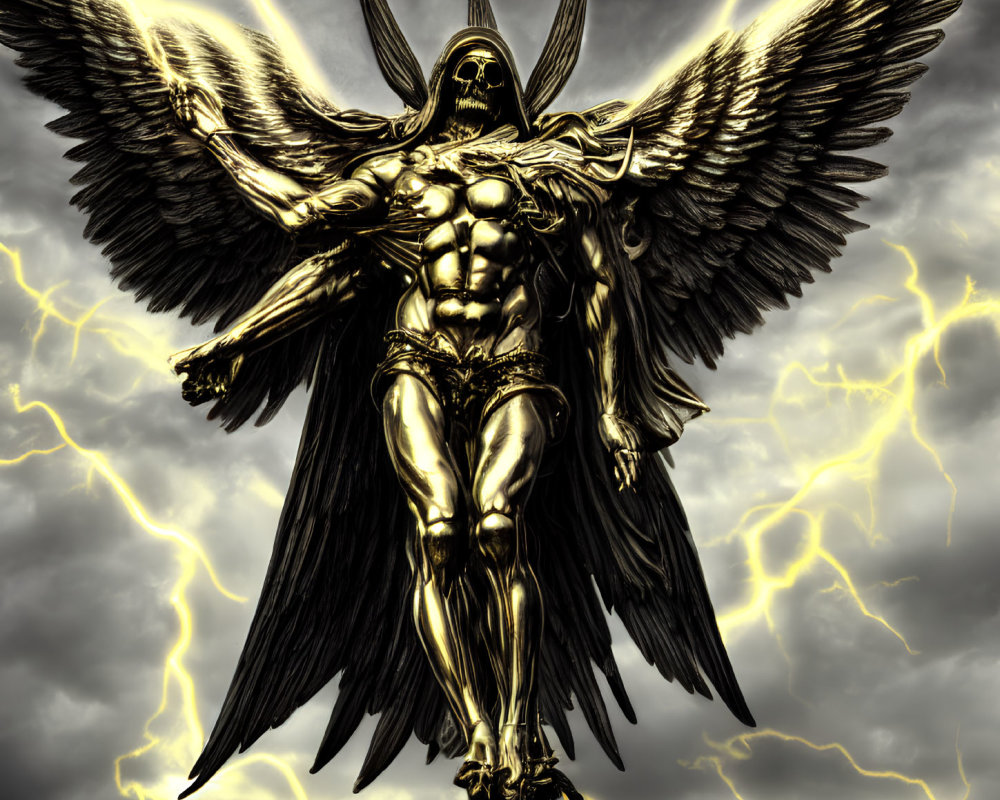 Majestic metallic figure with large wings in stormy sky.