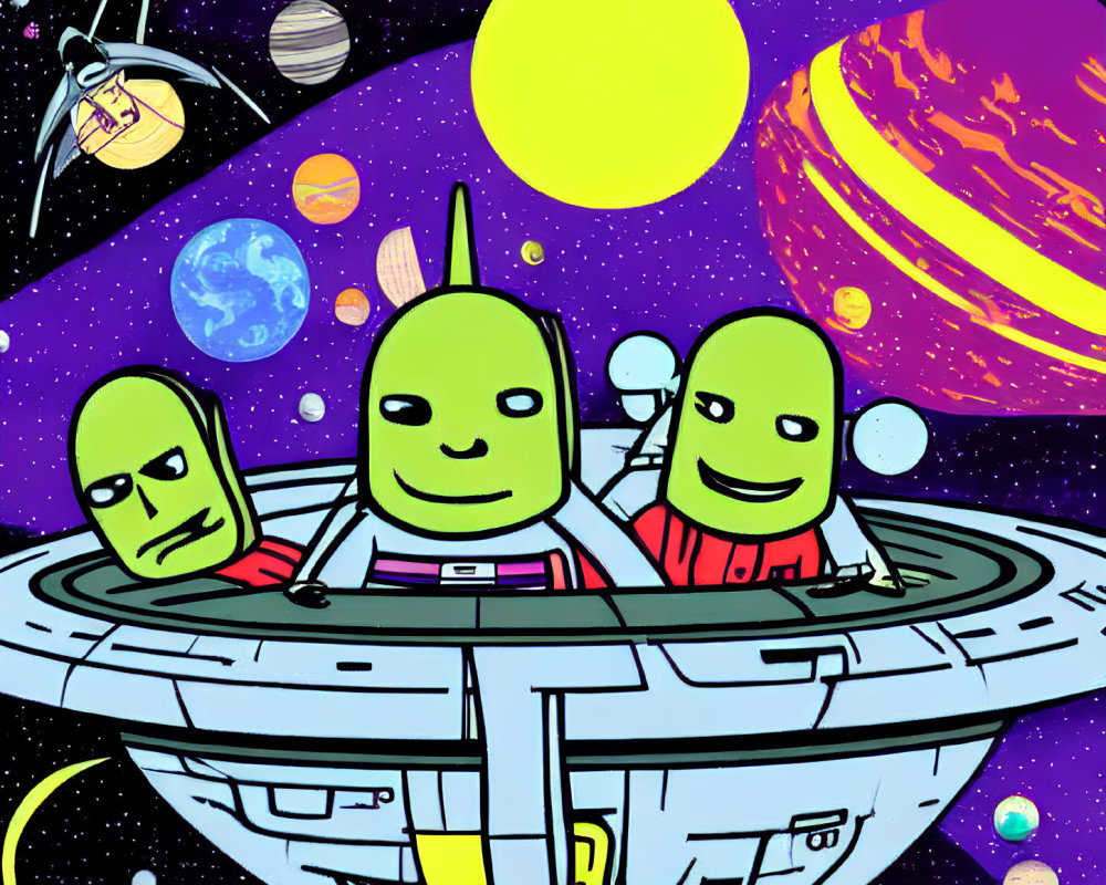 Colorful cartoon aliens on spaceship with planets and sun.