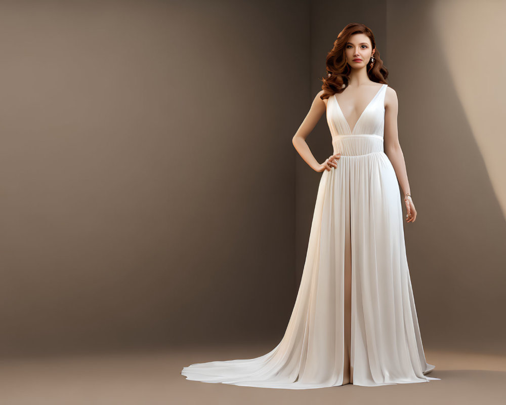 Elegant woman in white V-neck gown against neutral backdrop