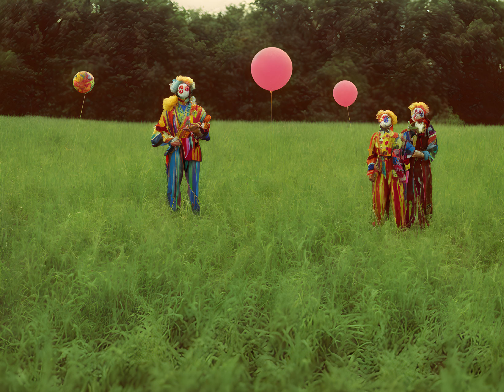 Colorful clowns with balloons in green field scenery