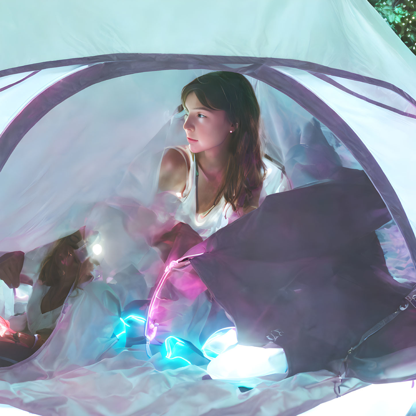 Woman sitting in tent surrounded by soft, ethereal glow