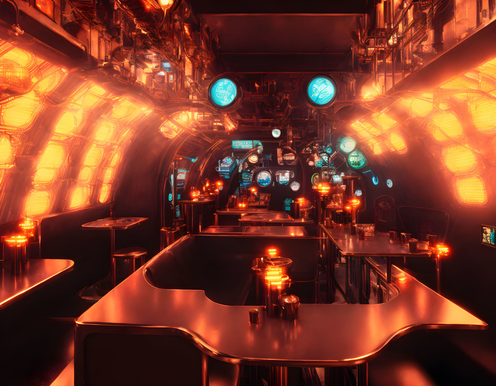 Futuristic submarine interior with glowing panels and sleek metallic surfaces