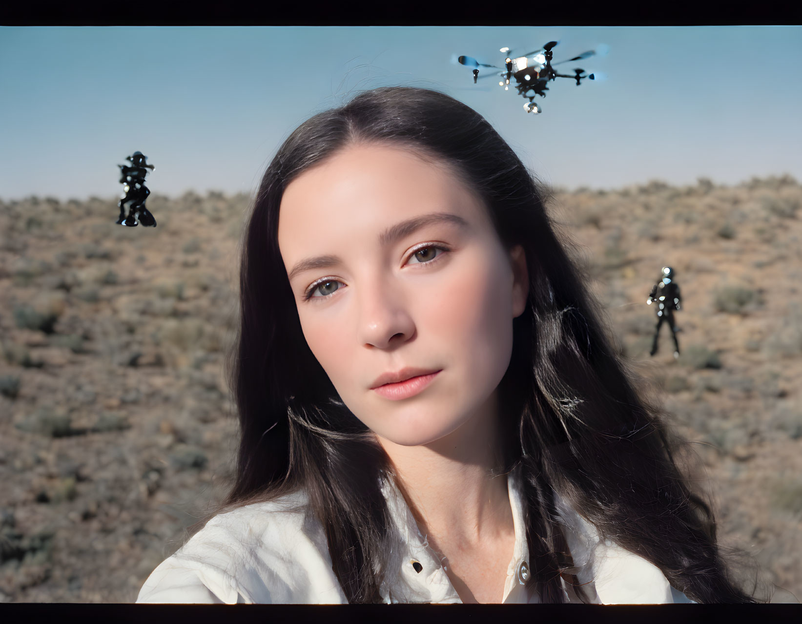 Young woman with long hair takes selfie with drone and humanoid robots in desert landscape