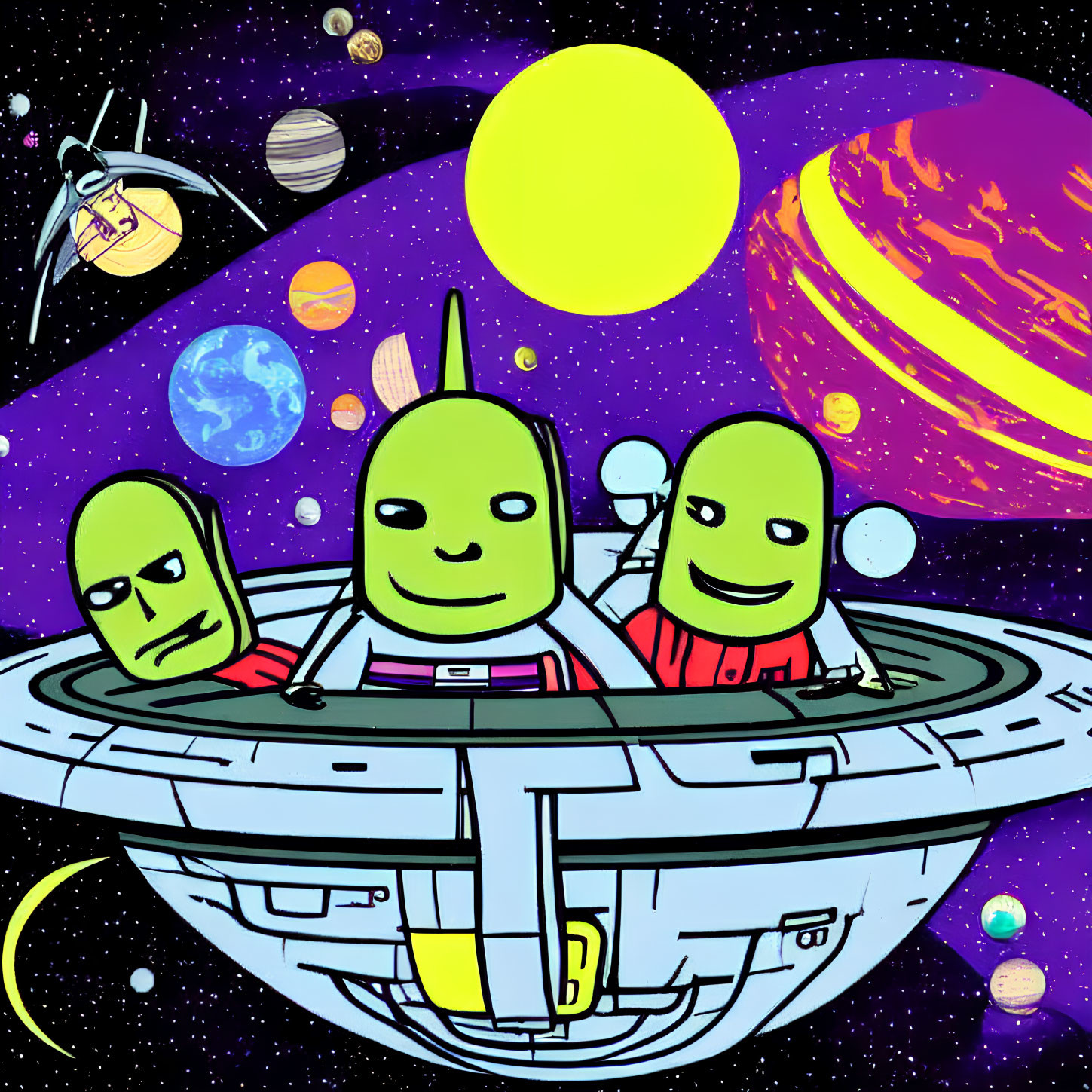 Colorful cartoon aliens on spaceship with planets and sun.