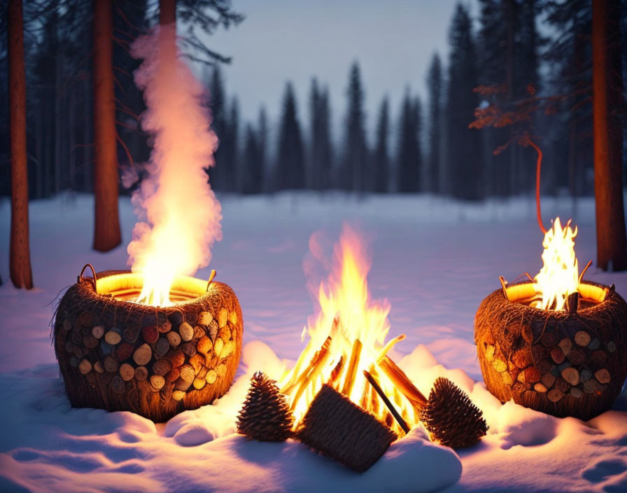 Winter Scene: Log Baskets, Bonfire, Snow, Pine Trees at Dusk