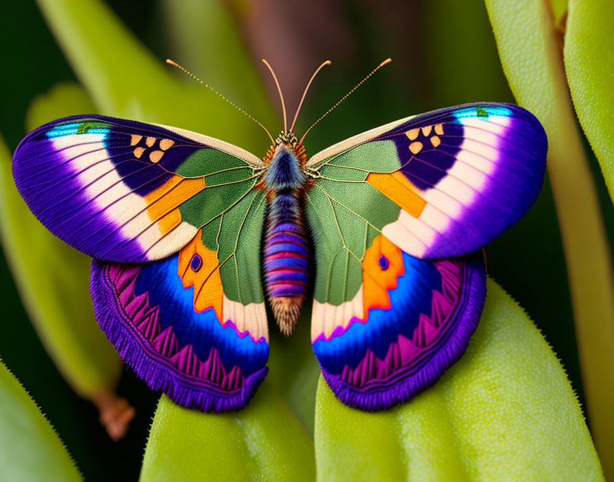 Colorful Butterfly on Green Leaves: Vibrant Multicolored Wings