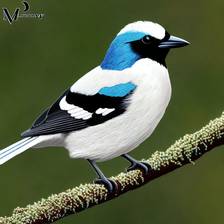 Colorful Bird with Blue, Black, and White Plumage Perched on Mossy Branch