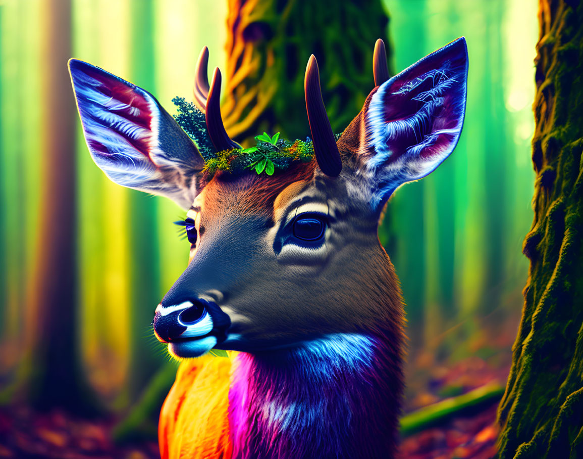 Colorful stylized deer with antlers in forest setting.