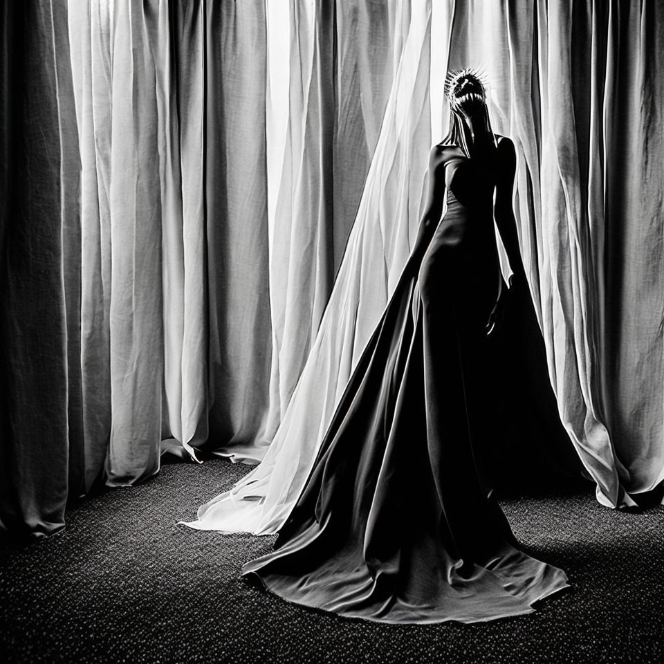 Elegant figure in gown against billowing curtains in black and white.