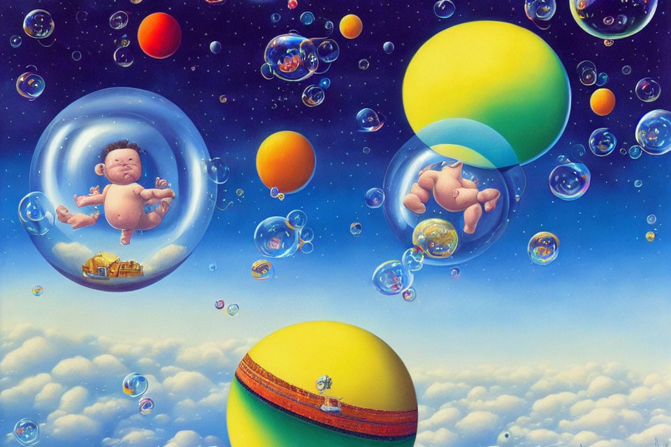 Surreal artwork: floating babies in colorful bubbles in a sky with spheres and striped planet.