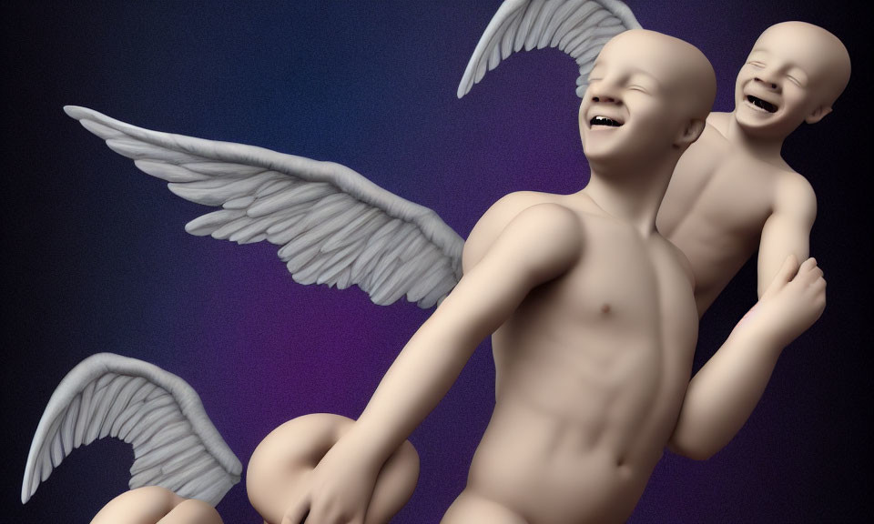 Joyful winged infant figures embrace in realistic and fantasy blend