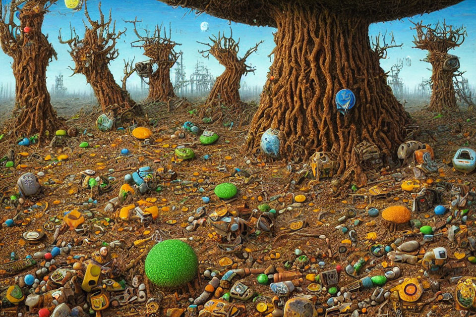 Surreal landscape with barren trees and colorful discarded objects