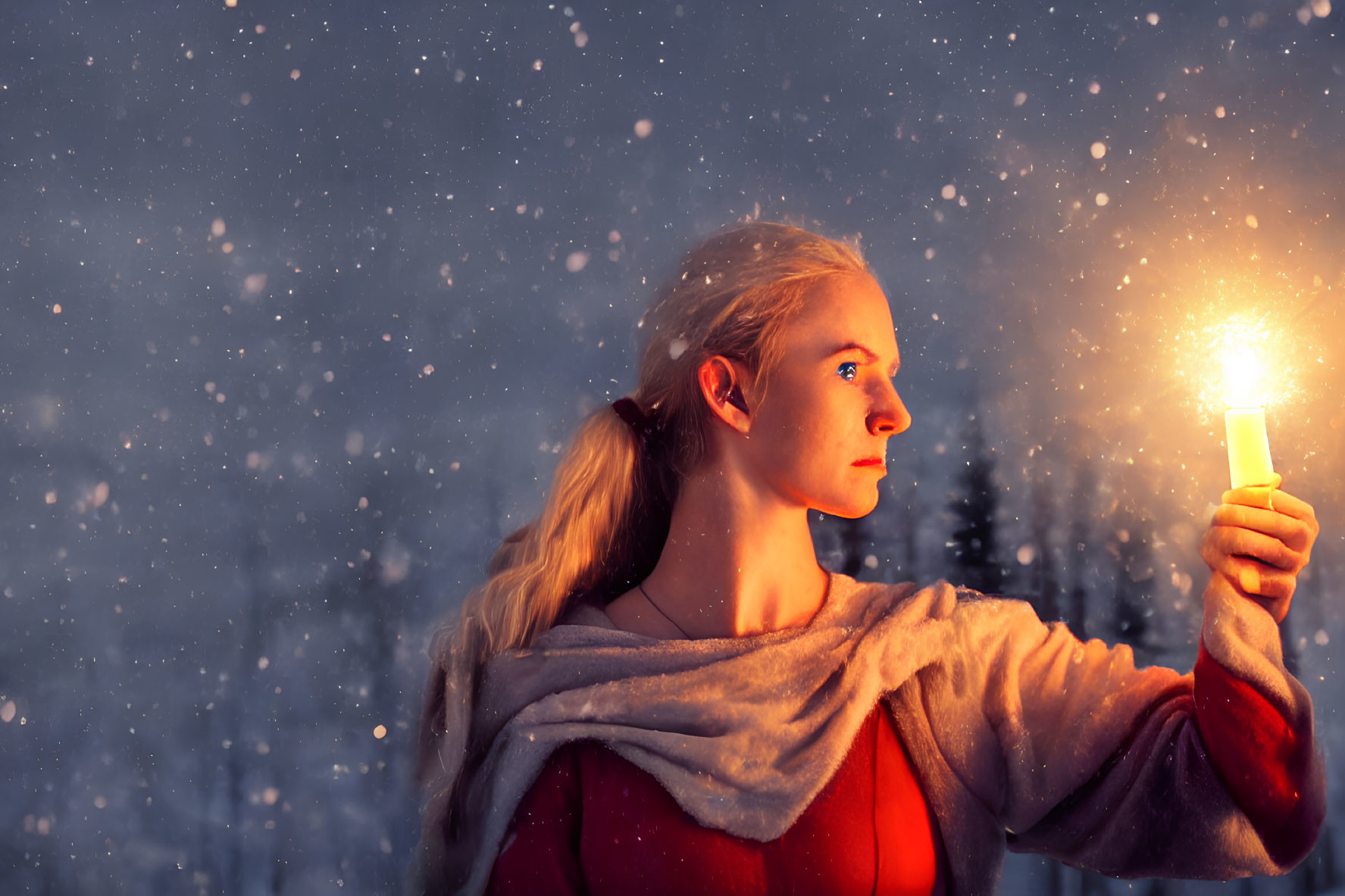 Blonde woman holding sparkler in snowfall at twilight