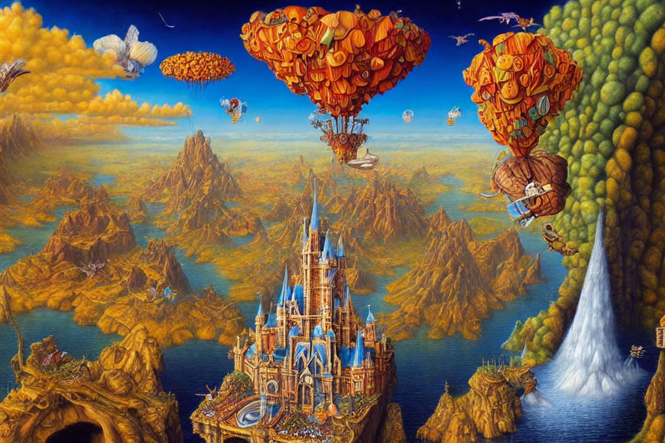 Fantastical landscape with castle, autumn trees, hot air balloons, and waterfall