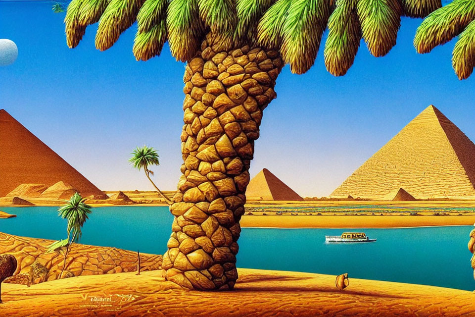 Vibrant artwork featuring pyramids, palm trees, Nile River, and boat under clear sky