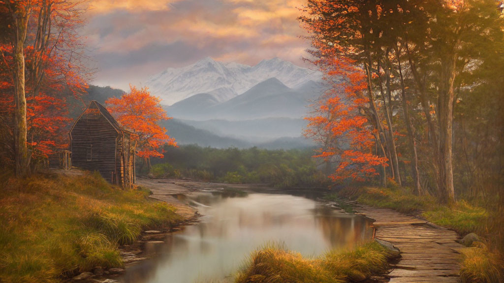 Tranquil autumn landscape with cabin, stream, orange trees, and snowy mountains