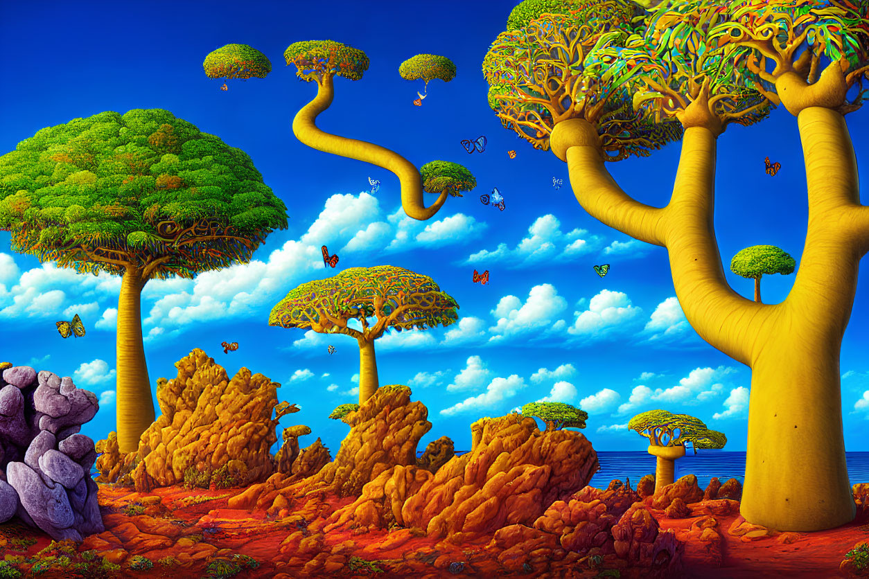 Surreal landscape with yellow trees, floating landmasses, butterflies