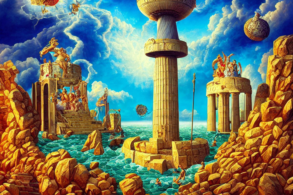 Fantastical Greek architecture with floating islands and mythical figures