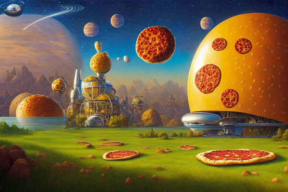 Whimsical Pizza-Themed Landscape with Futuristic Structures
