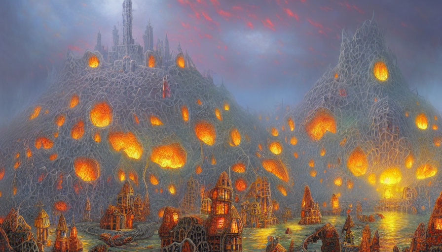 Fantastical landscape with glowing honeycomb-like structures and towering castle