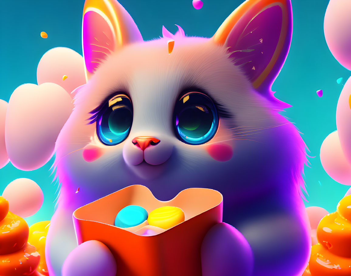 Whimsical fluffy cat with blue eyes and candies in a dreamy scene