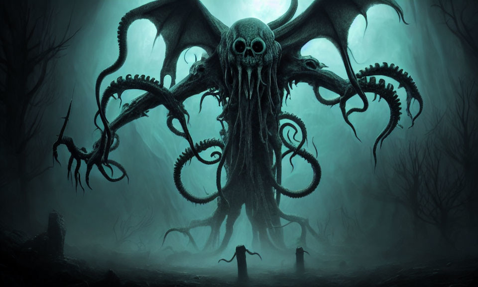 Skull-faced octopus creature in misty landscape with silhouetted figures