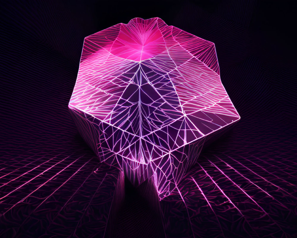 Neon pink and white 3D digital art of geometric mountain on grid