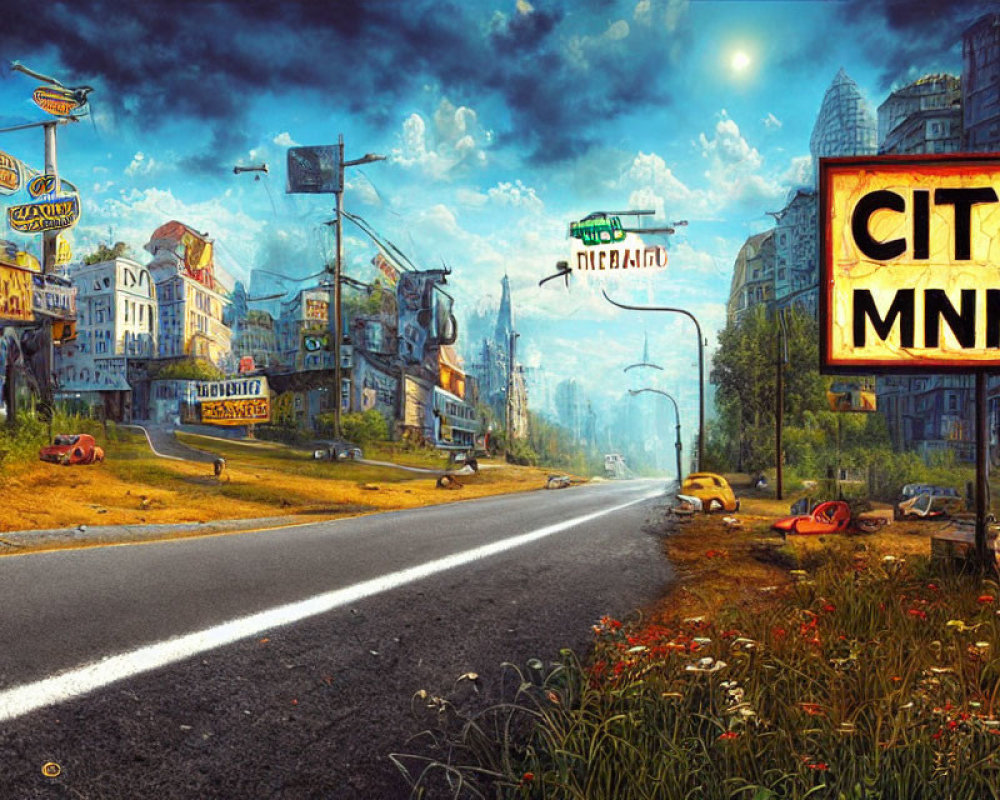 Colorful post-apocalyptic urban scene with dilapidated buildings and overgrown vegetation