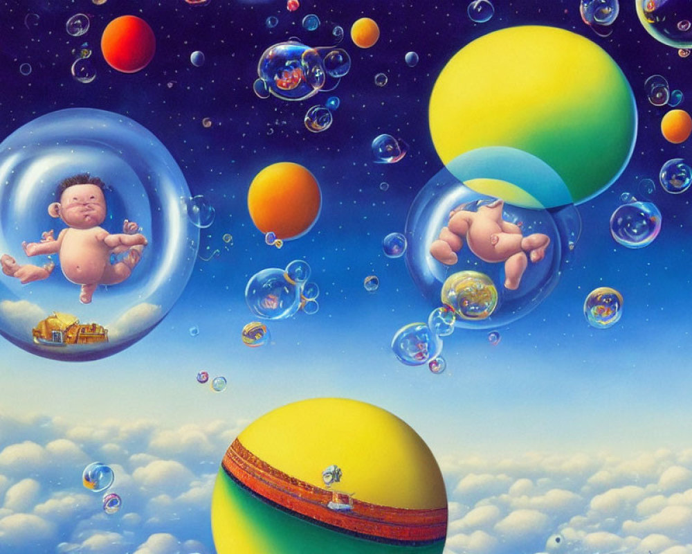 Surreal artwork: floating babies in colorful bubbles in a sky with spheres and striped planet.