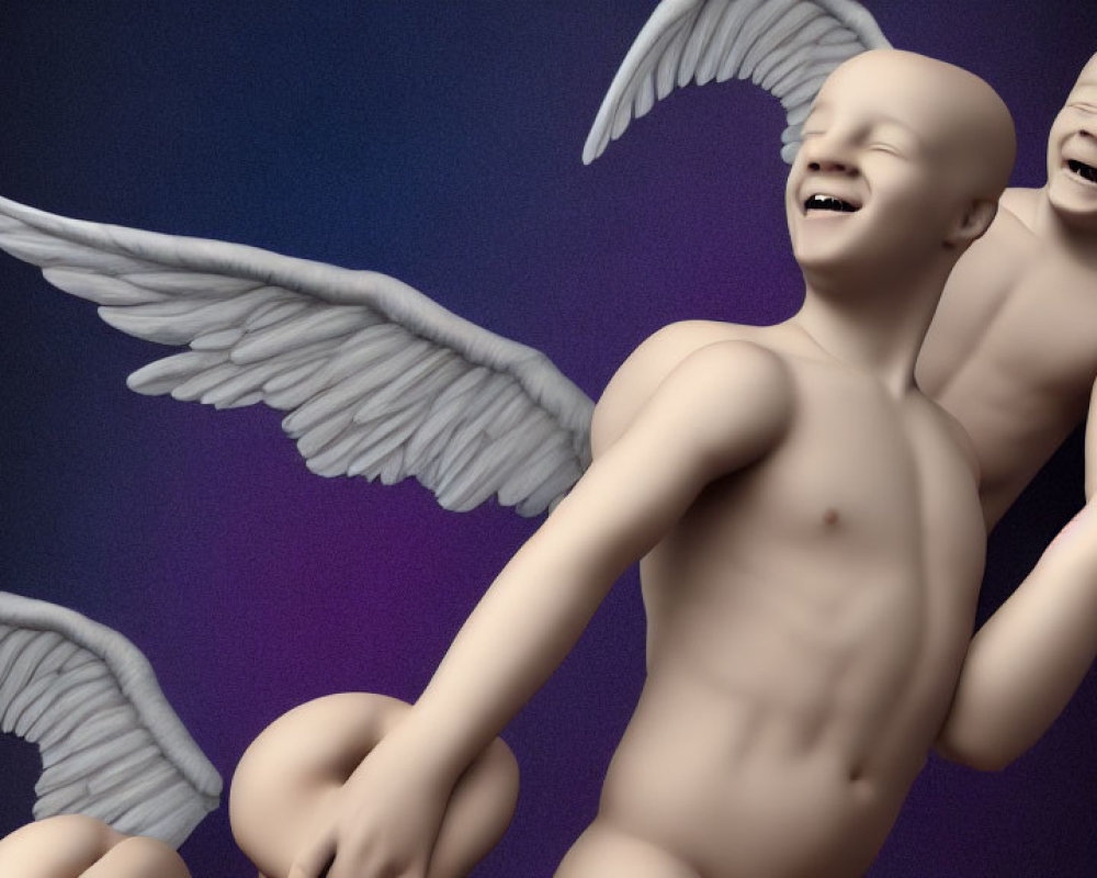 Joyful winged infant figures embrace in realistic and fantasy blend