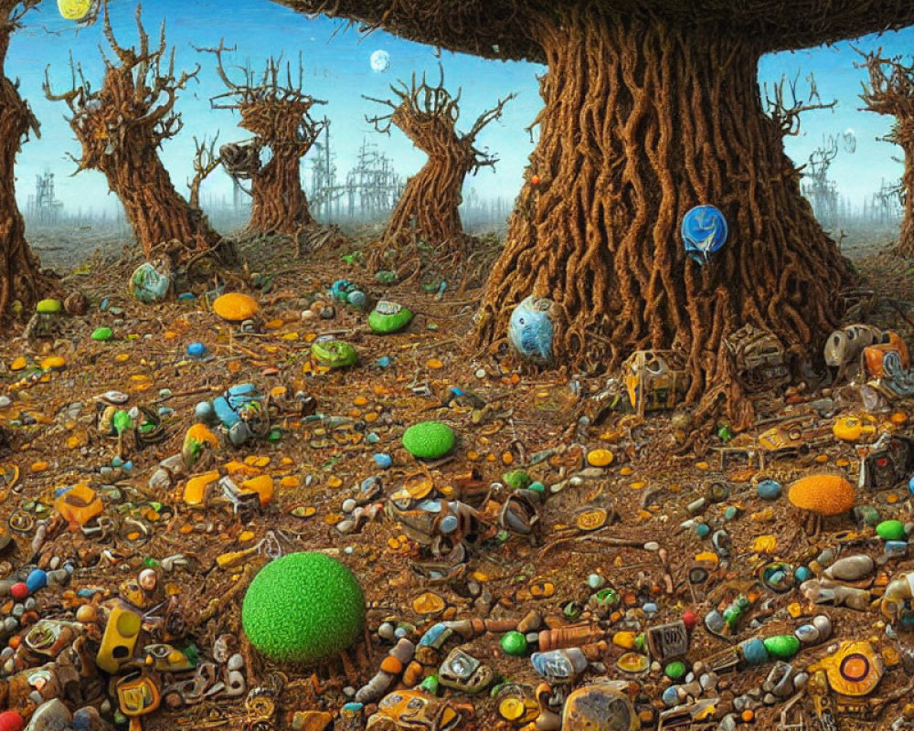 Surreal landscape with barren trees and colorful discarded objects