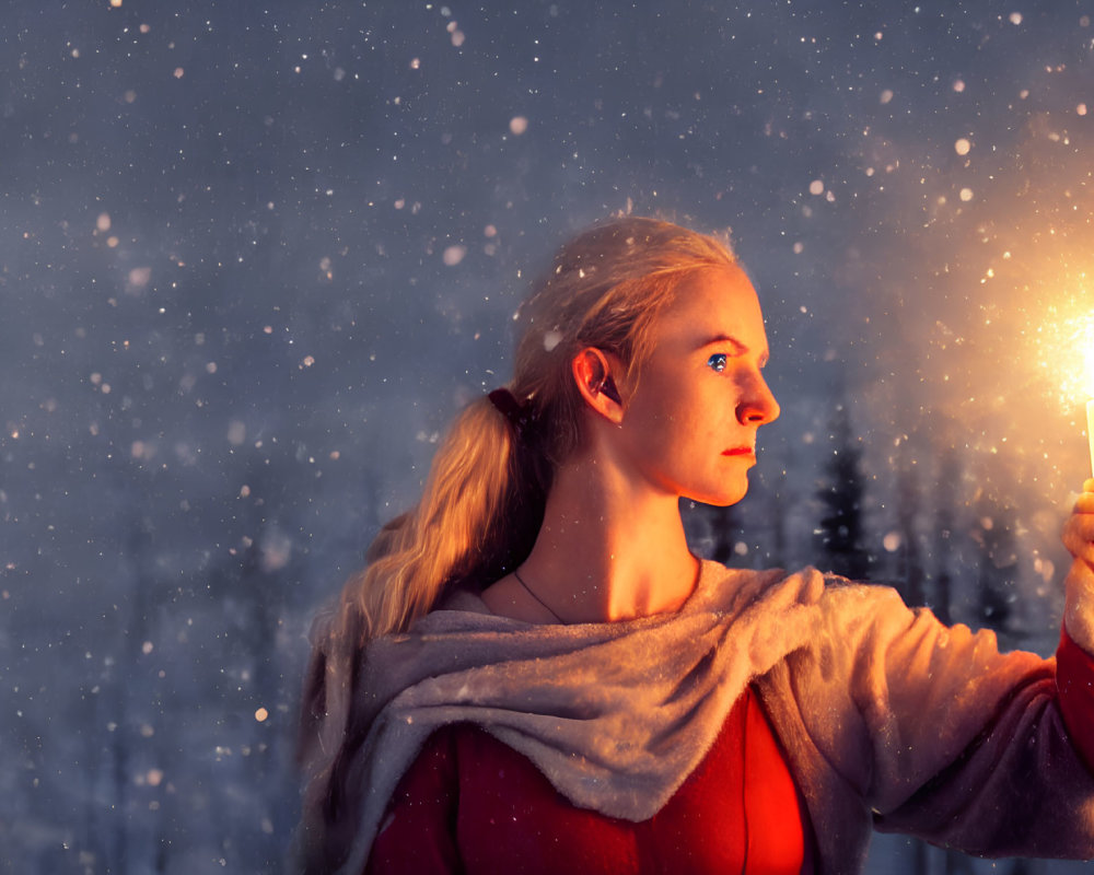 Blonde woman holding sparkler in snowfall at twilight