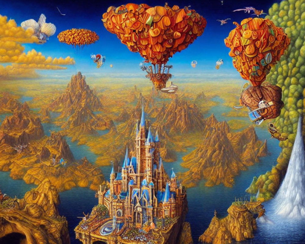 Fantastical landscape with castle, autumn trees, hot air balloons, and waterfall