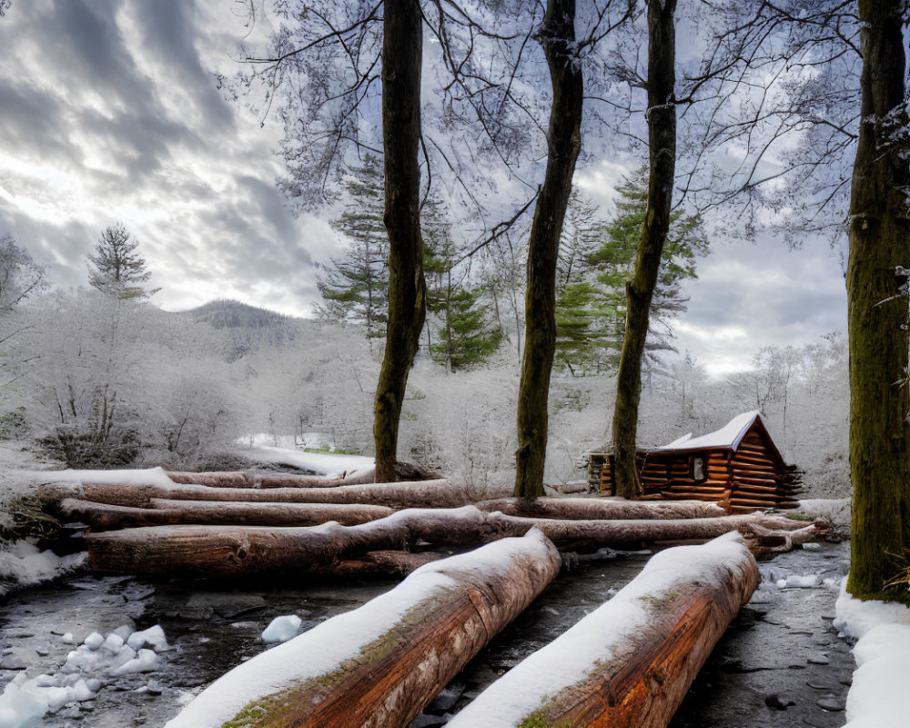 Snow-covered winter cabin surrounded by trees and frozen stream under cloudy sky