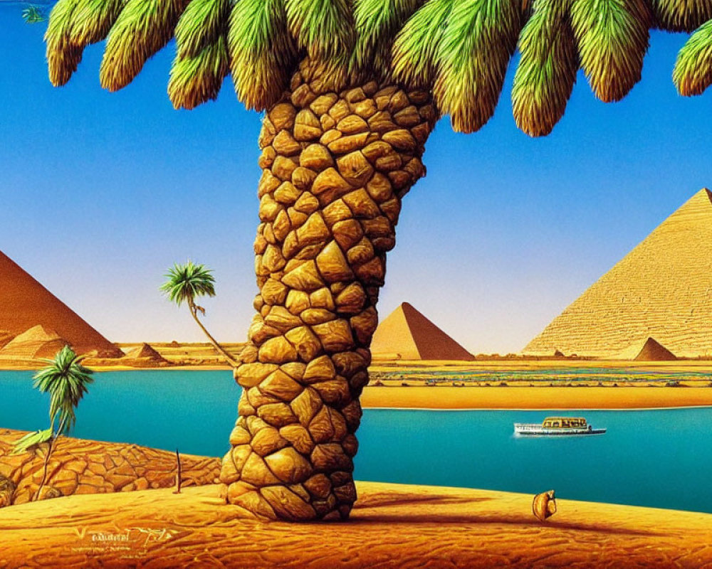 Vibrant artwork featuring pyramids, palm trees, Nile River, and boat under clear sky