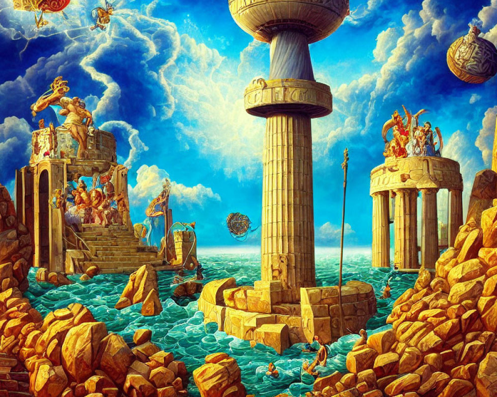 Fantastical Greek architecture with floating islands and mythical figures