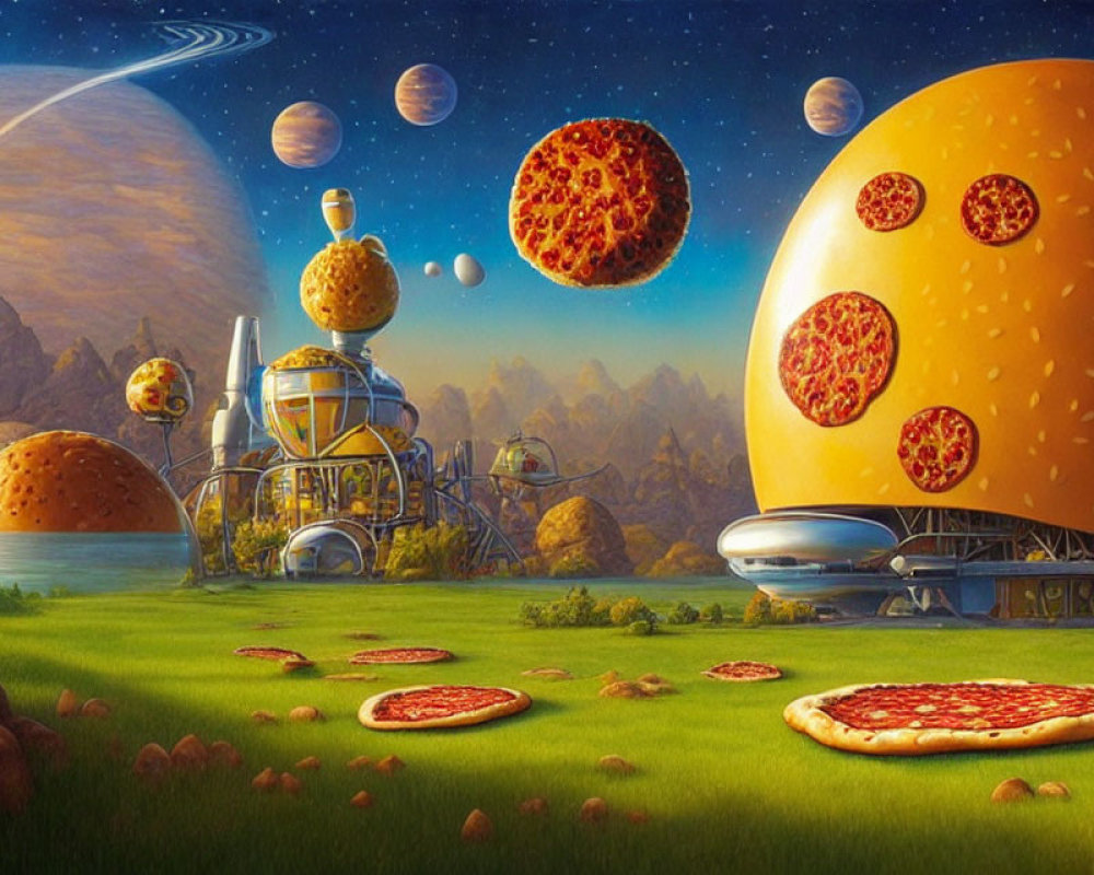 Whimsical Pizza-Themed Landscape with Futuristic Structures