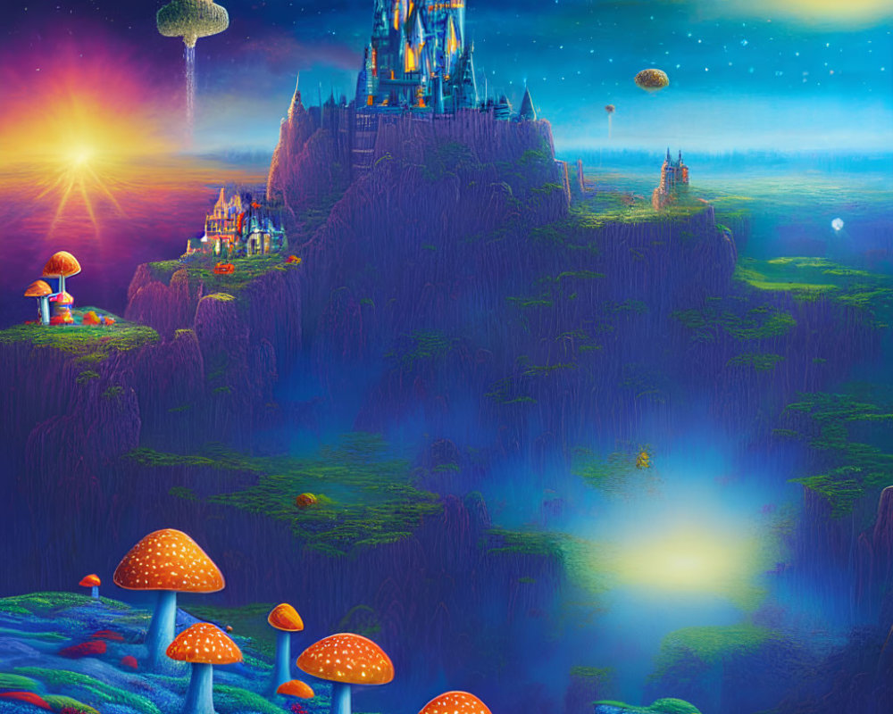 Vibrant fantasy sunrise scene with castle, floating islands, starry sky, and giant mushrooms