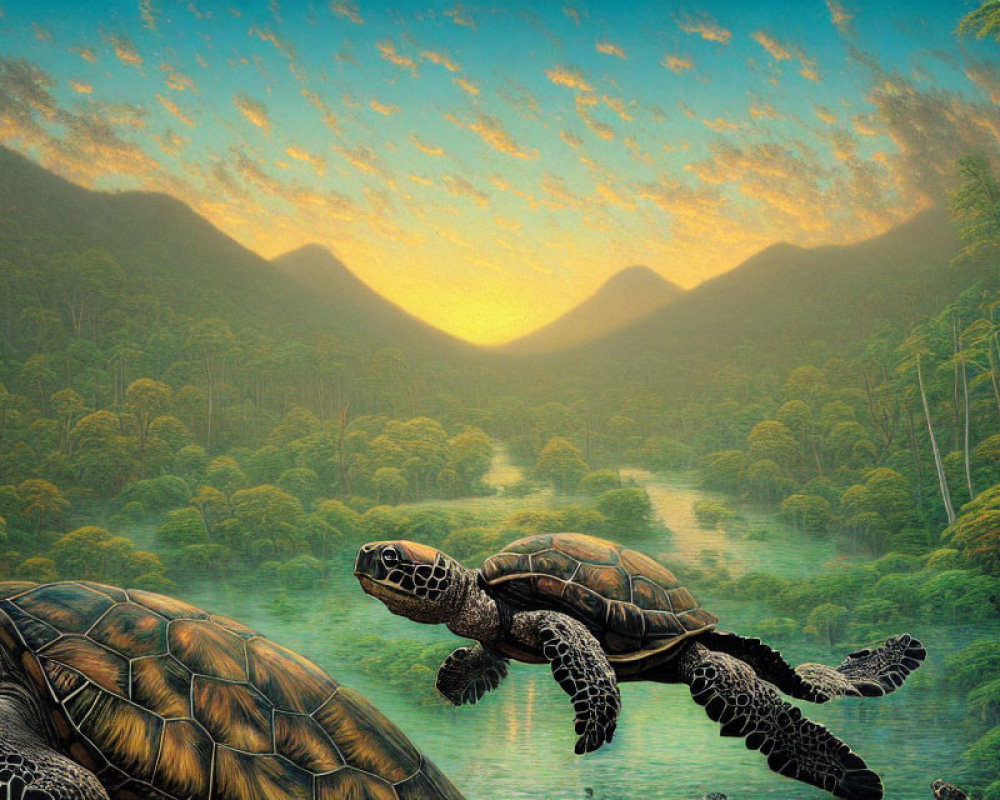 Turtles in lush forest with mountains at sunset