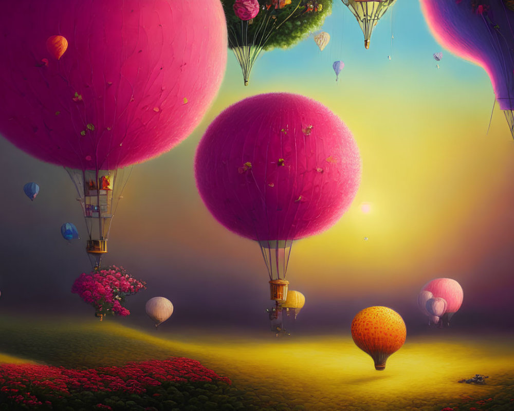 Vibrant hot air balloons over dreamlike landscape