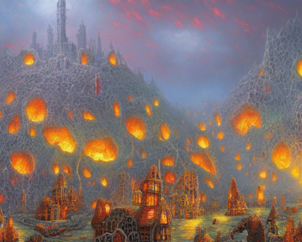 Fantastical landscape with glowing honeycomb-like structures and towering castle