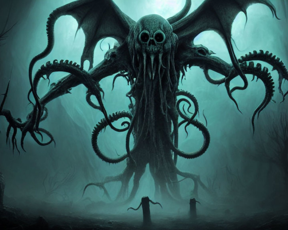 Skull-faced octopus creature in misty landscape with silhouetted figures