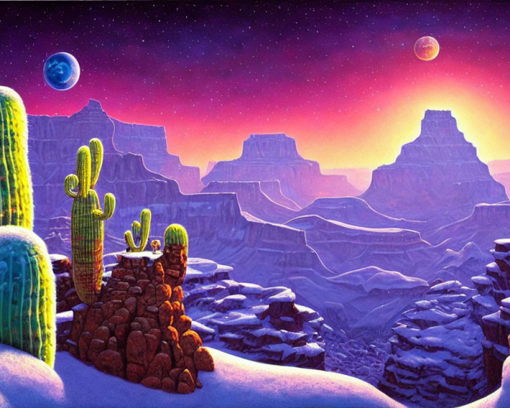 Desert landscape with cacti, snow, rock formations, and two planets at sunset